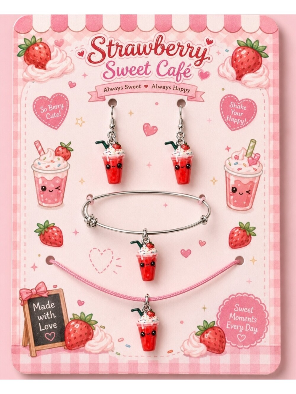 Kawaii Bubble Tea Boba Milkshake Necklace Earrings Charm Bracelet Set
